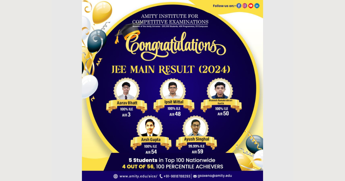 Amity Institute For Competitive Examinations (AICE) Celebrates Outstanding Performance in JEE Main 2024